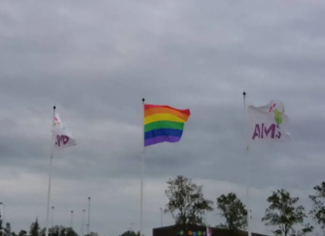 Op AMS wappert de regenboogvlag
